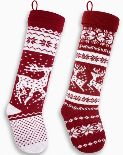 Medias de Navidad grandes de punto estilo nórdico de 26 pulgadas en borgoña/blanco para rellenos y decoración de repisas, paredes y escaleras