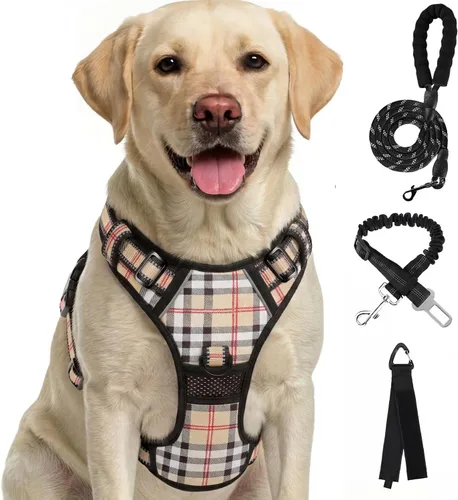 Miniatura 13 de FURRYFECTION Arnés a cuadros para perros pequeños, chaleco reflectante ajustable sin tirones para mascotas con clip frontal, correa, asa de fácil