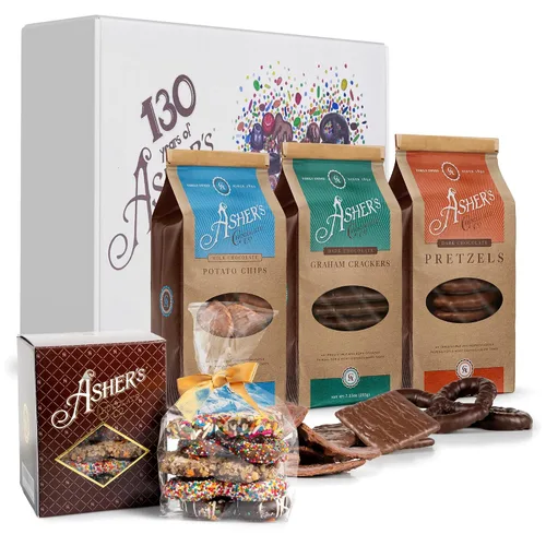 Asher's Chocolates Caja de regalo navideña, listo para envolver, surtido de leche y chocolate negro, chispas de chocolate con leche, Graham de