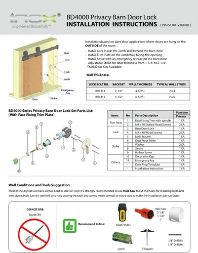 Miniatura 3 de INOX BD Series - Cerradura de privacidad para puerta de granero, para pared de 3-3/4 a 4-3/4 pulgadas, borde cuadrado de 2.362 in, negro grafito