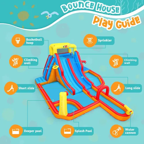 Miniatura 7 de AKEYDIY Tobogán acuático inflable de doble carril, tobogán acuático de rebote para niños de 3 a 12 años, parque acuático con tobogán de carreras