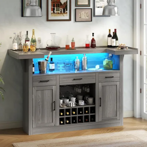 Miniatura 3 de Loomie Armario de mesa de bar con LED y 3 cajones, barra de licor con estantes de almacenamiento ajustables y soportes para copas, mostrador