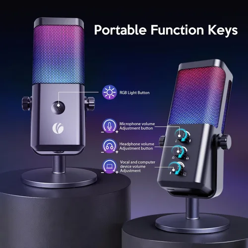 Miniatura 7 de VCOM - Micrófono USB para PC, micrófono RGB para juegos con botón de silencio, control de ganancia, conector de auriculares de monitoreo de 3.5 mm