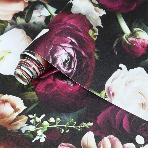 Miniatura 7 de HAOKHOME Papel tapiz floral para despegar y pegar, diseño de rosas y margaritas, removible, negro/rosa/morado, mural salvaje adhesivo, 17.7 pulgadas