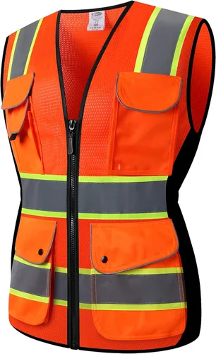 Miniatura 10 de JKSafety Chaleco de seguridad reflectante de alta visibilidad para mujer, tiras reflectantes cosidas en el cuerpo de color neón, transpirable