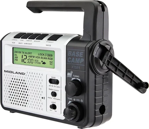 Midland® - XT511 - Radio de emergencia - Radio de campamento base bidireccional de 22 canales con 5 opciones de alimentación, 121 códigos de