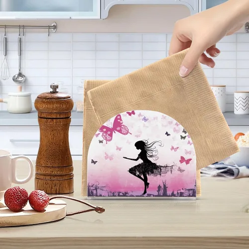 Miniatura 6 de Napkin Holder Fairy and Butterflies Pink Napkin Holders for Tables, Clear Acrylic Napkin Holders Cocktail Napkin Holder for Kitchen Restaurant Bar