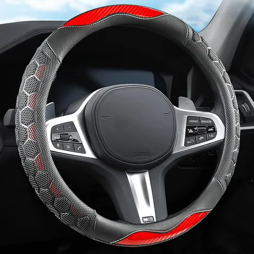 Miniatura 2 de Funda de volante roja de nido de abeja 3D, funda de volante de cuero transpirable y antideslizante de 37-38 cm para hombres y mujeres
