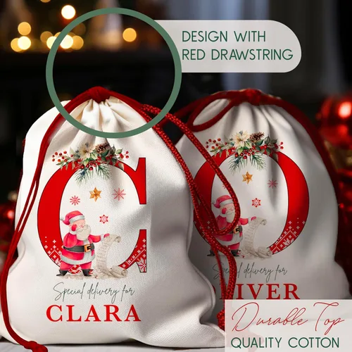 Miniatura 7 de Saco de Santa de Navidad inicial personalizado, bolsa de regalo de Navidad personalizada, bolsa de cordón con monograma