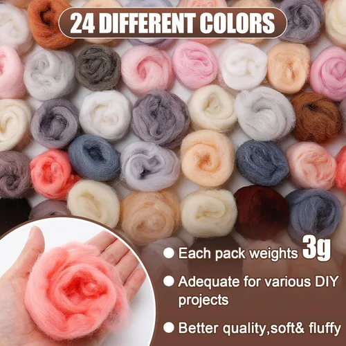 Miniatura 2 de 72 piezas de lana para fieltro con aguja de 7.6 oz - 24 colores de lana natural para ovillos de lana para principiantes, suministros de fieltro