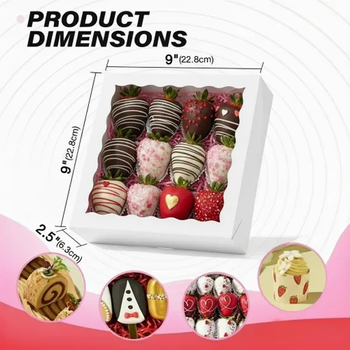Miniatura 3 de RomanticBaking 28 cajas de panadería de 9 x 9 x 2.5 pulgadas con ventana para pastel, fresas cubiertas de chocolate, corazón quebradizo, galletas