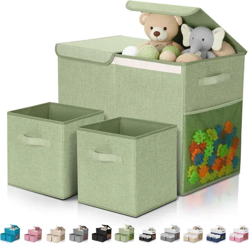 Paquete de 3 Cajas Grandes de Almacenamiento de Juguetes de 23" con Cubos Contenedores de 11", Organizador de Juguetes Plegable con Tapas para Verde