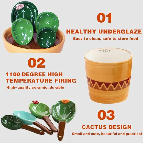 Miniatura 3 de Juego de cucharas medidoras de cactus en maceta, lindas cucharas y tazas medidoras de cerámica, cuchara para cactus de cocina con soporte, tazas 2