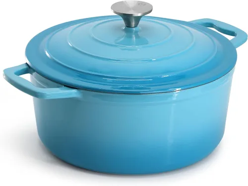 Miniatura 2 de MegaChef Cazuela redonda de hierro fundido esmaltado con tapa, 5 cuartos de galón, azul