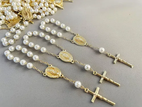 Miniatura 3 de 25 Off White Color Gold Plated Mini Rosary with Miraculous medal for Baptism Favors/Christening/communion Favors/Mini rosarios con Medalla Milagrosa