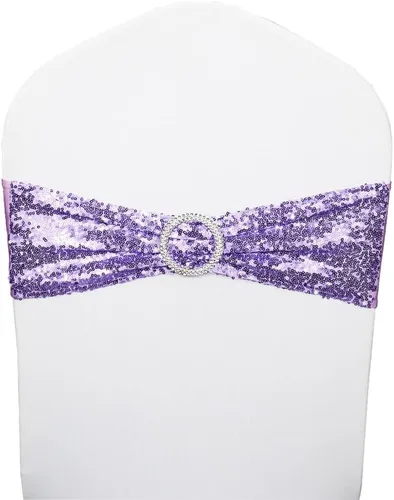 Miniatura 12 de Fajas de lentejuelas para sillas de elastano, paquete de 6 bandas elásticas de lentejuelas con hebilla para bodas, banquetes, cumpleaños, Oro rosa