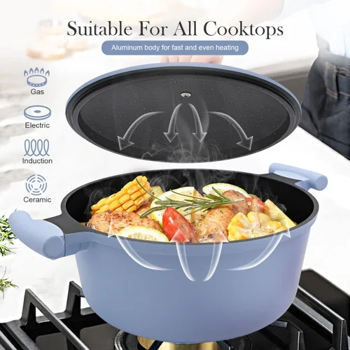 Miniatura 3 de Olla de horno holandés ligera de 4.5 cuartos de galón con tapa, horno holandés de aluminio antiadherente, olla de cocina para estofados y freír
