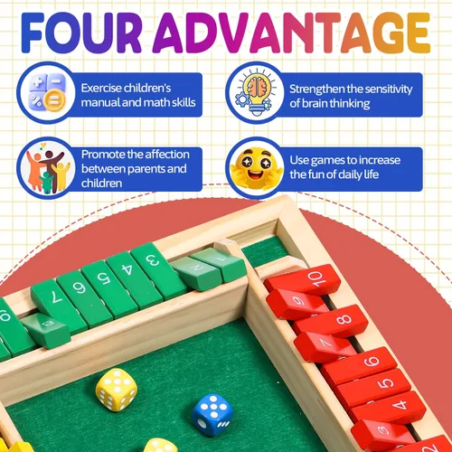 Miniatura 3 de AICase Juego de dados Shut The Box, juego de pilas de colores, edición familiar, relleno de cesta de Pascua, 2-4 jugadores, mesa de madera