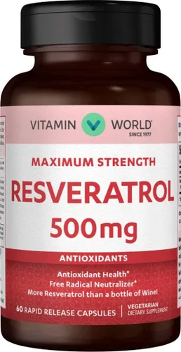 Vitamin World Resveratrol 500 mg. 60 Cápsulas, Máxima Fuerza, Soporte Antioxidante, Liberación Rápida, Vegetariano, Sin Gluten
