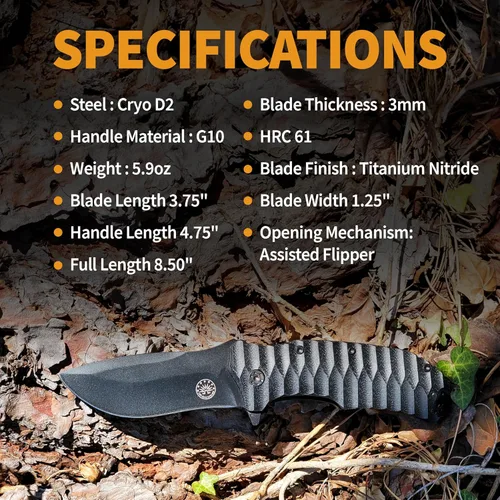 Miniatura 9 de Off-Grid Knives - Apagón de fuego rápido - Cuchillo plegable grande para acampar y EDC, acero de hoja criogénico D2, revestimiento de nitruro