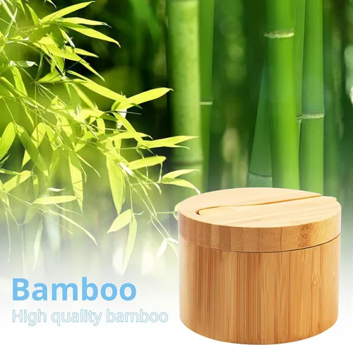Miniatura 6 de HTB Salero de bambú con cuchara mini, caja de sal de cocina con tapa de cierre magnético giratoria, recipiente redondo de sal para guardar pimienta