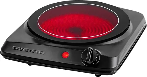 OVENTE Quemador individual infrarrojo para encimera, placa eléctrica de 1000 W con placa de cocina de vidrio cerámico de 7 pulgadas, ajuste de