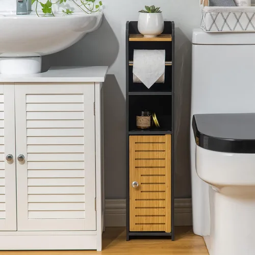 AOJEZOR - Soporte de papel higiénico: gabinete pequeño de almacenamiento para baño - Negro - Bambú Blanco/Bambú