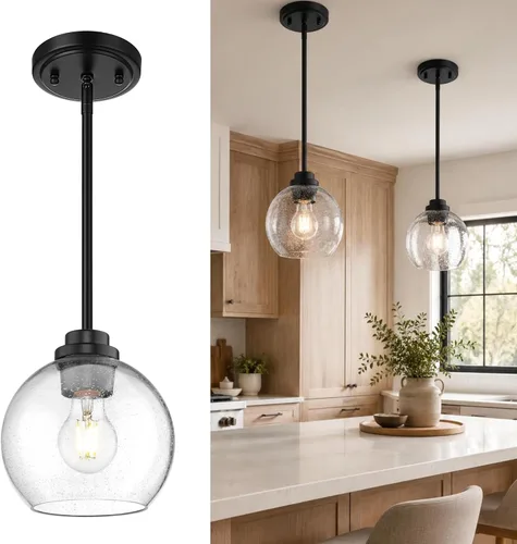 Miniatura 27 de Luces Colgantes de Latón para Isla de Cocina Paquete de 2, Luz Colgante Dorada Estilo Granja con Pantalla de Globo de Vidrio Transparente