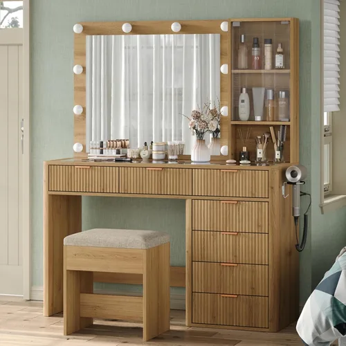 Miniatura 4 de Yanosaku Tocador estriado de 47 pulgadas con espejo y luces LED, tocador de maquillaje de 7 cajones con superficie de vidrio y gabinete, tocador