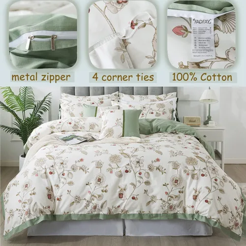 Miniatura 4 de FADFAY Juego de ropa de cama de 7 piezas, 100% algodón, diseño floral beige, tamaño Queen + funda de edredón, ropa de cama completa con flores rosas