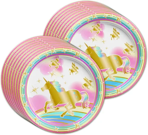 Miniatura 2 de Juego de suministros de fiesta de cumpleaños de Pegaso con arco iris dorado para 16