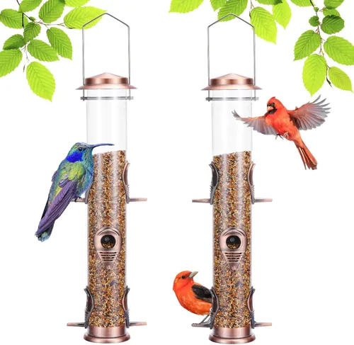 MIXXIDEA 2PK Comedero de Metal para Pájaros Salvajes a Prueba de Ardillas para Colgar en el Exterior - Comedero Transparente de 6 Puertos para Cobre