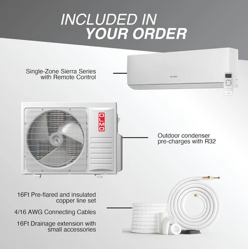 Miniatura 4 de OLMO Mini bomba de calor de CA dividida de 12,000 BTU 230V, montaje en pared sin conductos - 20 SEER2 - Kit inteligente y kit de instalación de 16