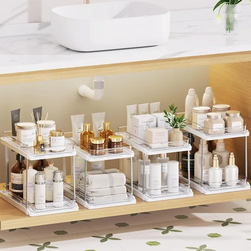 Miniatura 10 de Delamu Organizadores y almacenamiento de 2 niveles para debajo del fregadero, cajones extraíbles con diseño antideslizante, almacenamiento multiusos
