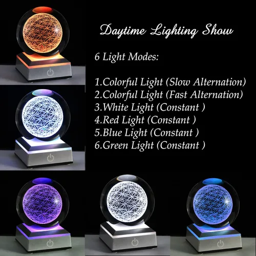 Miniatura 3 de Qianwei Esfera de Cristal Flor de la Vida con Base Táctil de Iluminación LED Colorida, Bola de Cristal de Geometría Sagrada Starlight Magic
