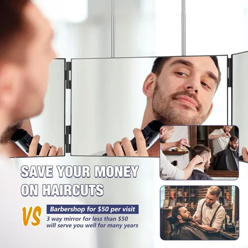 Miniatura 3 de Dripex Espejo de 3 vías para hombres o mujeres, espejo de 360° triple para corte de pelo automático con ganchos ajustables en altura