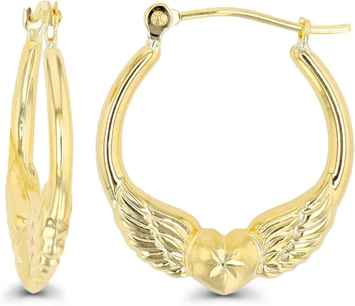 Miniatura 11 de Aretes de aro de oro amarillo de 14 quilates con múltiples formas de cierre con bisagras, alas y corazón, paloma y querubín, aretes de oro macizo