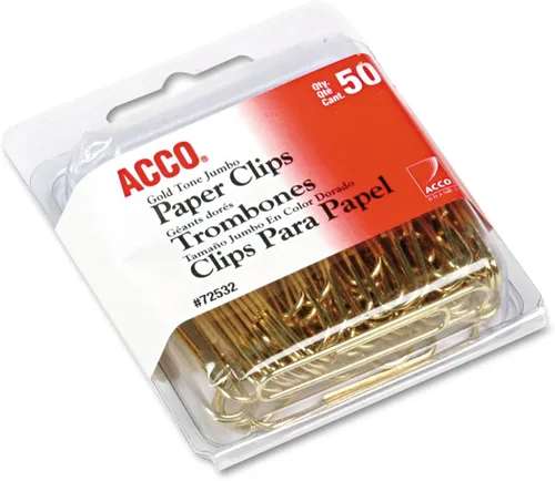 Clips jumbo para papeles ACCO, tonalidad en oro, de acabado suave, alambre de acero, capacidad para 20 hojas, caja de 50 clips (A7072532)