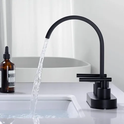 Miniatura 4 de TRUSTMI Grifo de baño central de 4 pulgadas, oro cepillado, boquilla de cascada de alto flujo para fregaderos profundos, giro de 360°, montaje
