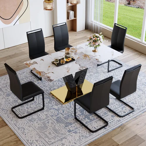 Miniatura 21 de Juego de mesa de comedor de 71 pulgadas para 6, moderno juego de mesa de comedor para 6, mesa de comedor de mármol con 6 sillas de comedor de piel