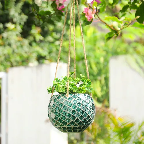 Miniatura 12 de Maceta colgante de cerámica con mosaico, maceta colgante pequeña para plantas de interior, decoración de jardín, maceta de bola de discoteca con Azul