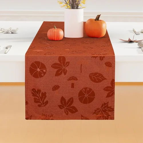Miniatura 2 de Moosfor Camino de mesa rectangular de Acción de Gracias de 13 x 72 pulgadas, mantel jacquard impermeable de otoño con calabaza, hongos, manteles