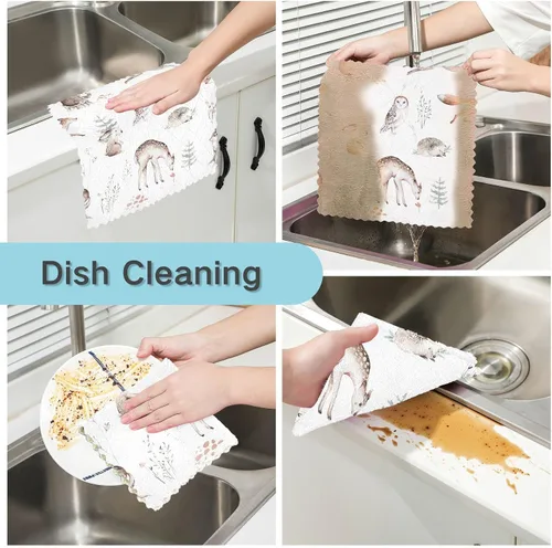 Miniatura 2 de CaTaKu Paños de cocina de animales del bosque de acuarela, paquete de 6 trapos reutilizables para lavar, paños de limpieza de microfibra, paños