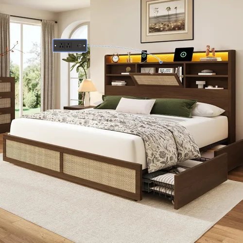BRELTAM Marco de cama de ratán tamaño Queen con 4 cajones de almacenamiento y cabecera de almacenamiento oculto, marco de cama de plataforma de