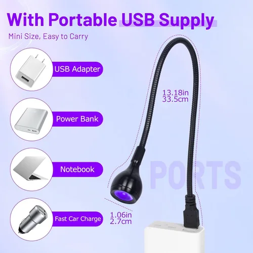 Miniatura 4 de AORAEM Lámpara LED para Uñas 3W LED Uñas Secador Portátil de Manicura Luz de Curado de Esmalte en Gel con Cuello de Cisne Negro Luz UV para Uñas