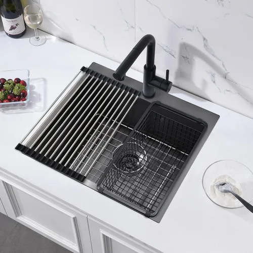 Miniatura 2 de Fregadero de cocina negro 21 x 18 x 10 pulgadas, calibre 16 T304, fregadero de cocina pequeño, acero inoxidable negro, para preparación al aire