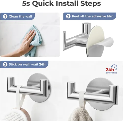 Miniatura 6 de GWAAZXGZ Paquete de 2 ganchos de baño de níquel cepillado para toallas, ganchos dobles autoadhesivos para pared, sin taladrar, acero inoxidable 304
