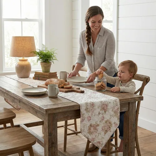Miniatura 7 de DaDalogy Bedding - Camino de mesa de comedor acolchado floral con rosas de algodón – Bonito tapete decorativo de algodón para el jardín, bar