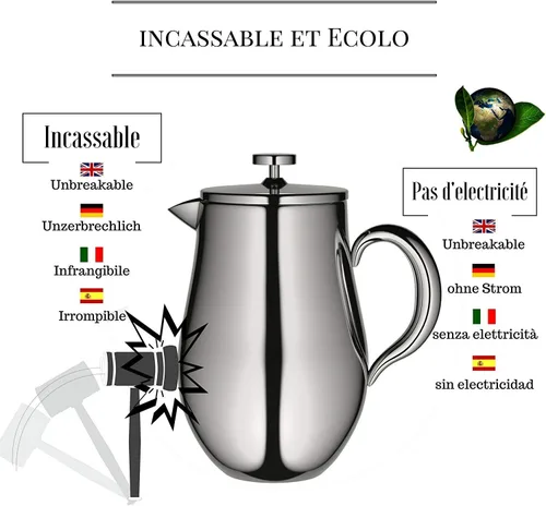 Miniatura 8 de VeoHome - Cafetera de pistón de 1 litro - Irrompible y mantiene el café caliente durante mucho tiempo gracias a su doble carcasa de acero inoxidable