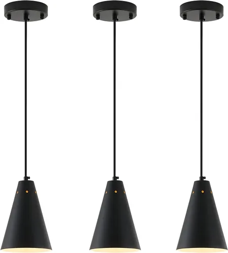 Dijiahua Paquete de 3 lámparas colgantes negras para isla de cocina, pequeños candelabros industriales modernos con pantalla de metal cono, mini